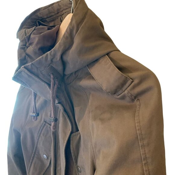 Olive Green Hooded Chore Barn Jacket LG Pockets Snaps 2 Zippers Draw String S-M - Picture 13 of 16